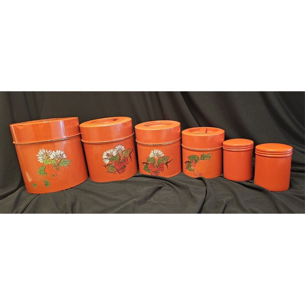 Vintage Otagiri Metal Nesting Canister Set- Handpainted Flowers Signed 6pc MCM